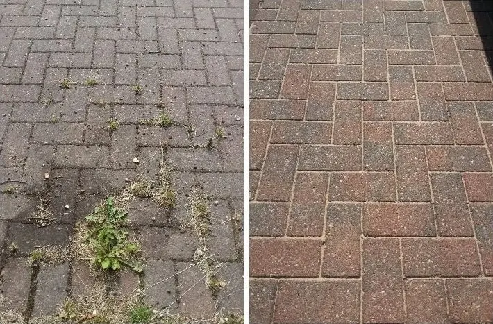 Patio and driveway block paving cleaning in Chester, before and after