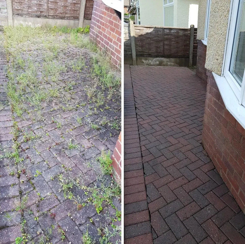 Block paving driveway cleaning in Chester, before and after weeds and moss removed