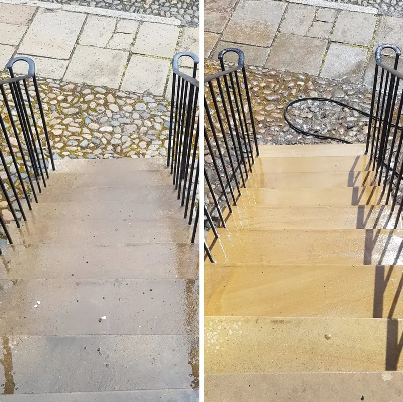 Pressure washing stone steps in Chester, before and after