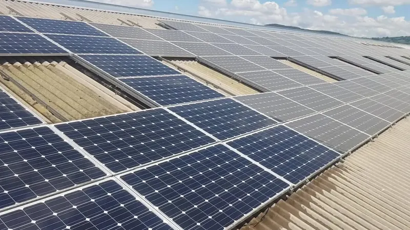 Solar panel cleaning on a commercial roof, before and after